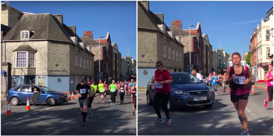 Vanvittig bilist chokerer under motionsløb: Kører pludselig gennem vejspærring