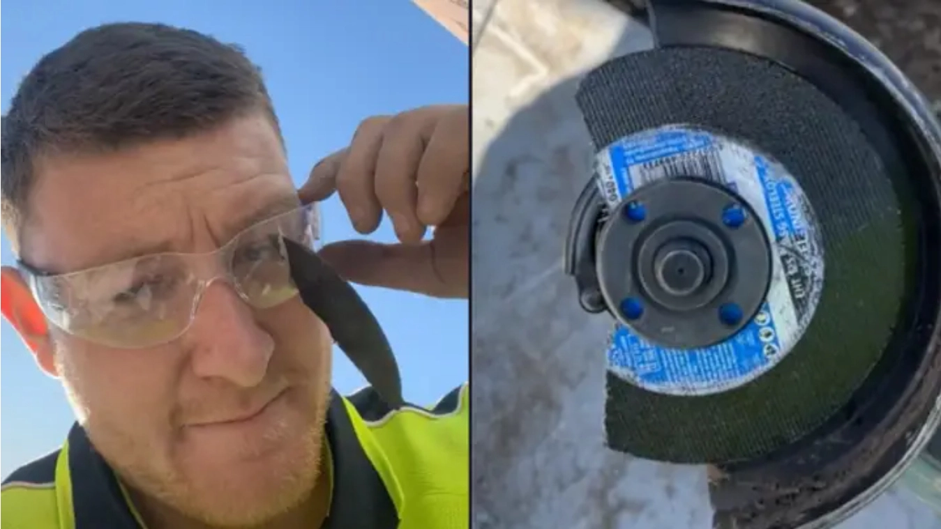 Tømrer viser hvorfor man altid skal have sine sikkerhedsbriller på