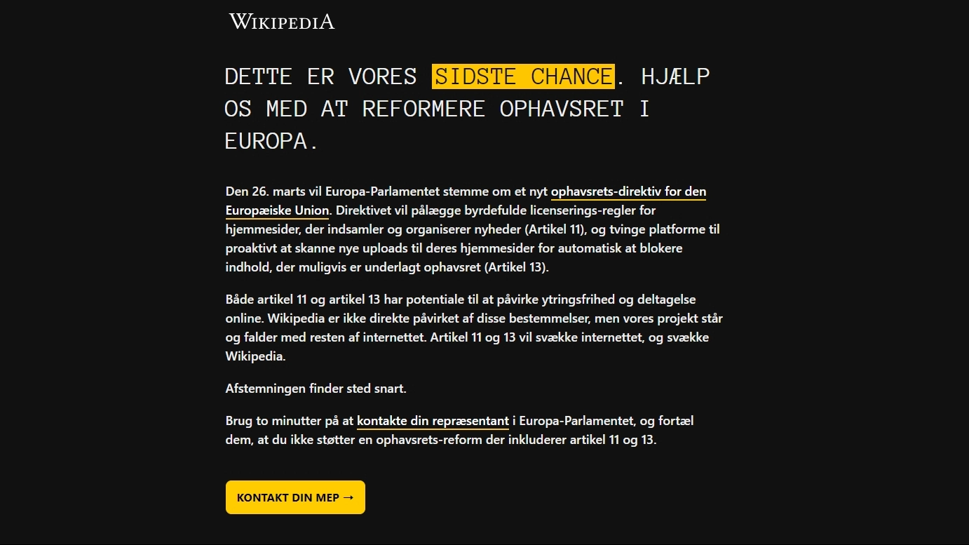 Wikipedia lukker ned i protest